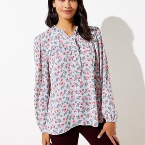 Floral Ruffled Henley Mixed Media Blouse